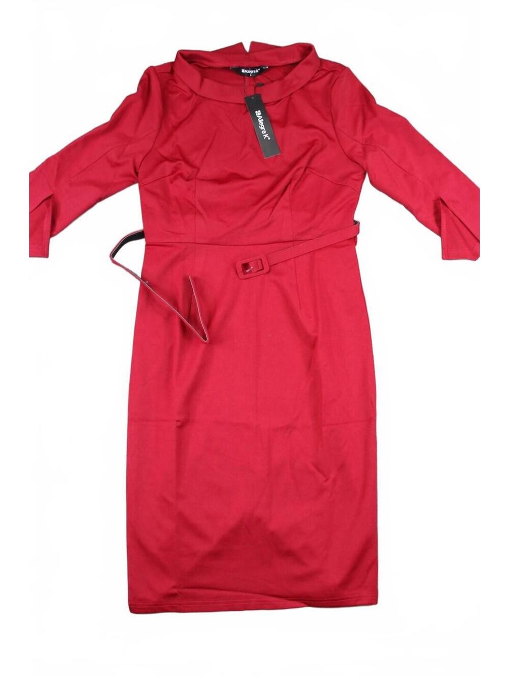 Allegra K Red 3/4 Sleeve Belted Sheath Midi Dress M